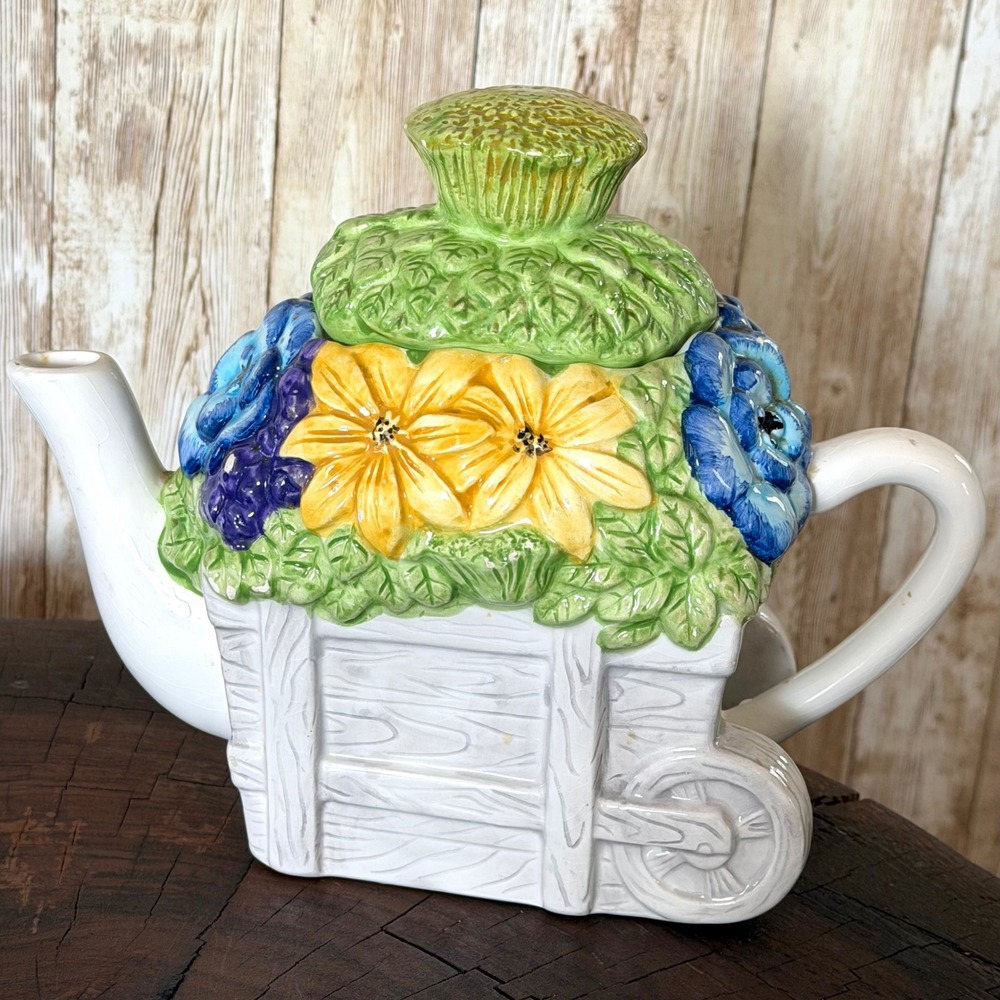 Vintage Ceramic Wheelbarrow Grandmacore Garden Teapot Cottagecore Sunflower